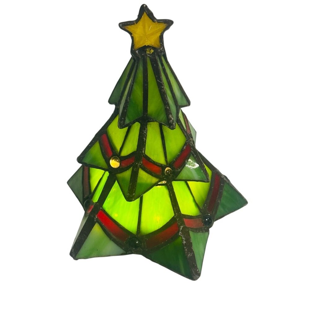 River of Goods Christmas Tree Leaded Stained Glass LED Lighted Accent Lamp WORKS
